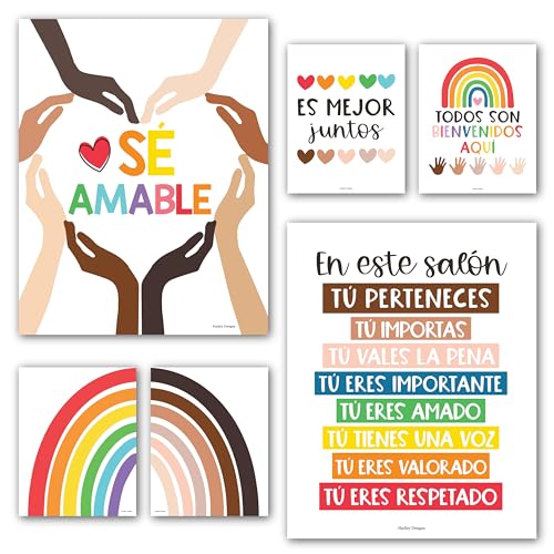 Hadley Designs 6 Spanish Classroom Decorations – Spanish Posters, Diversity Posters for Classroom, Todos Son Bienvenidos Poster, Cultura y Diversidad en Español, Colorful Themed Decor