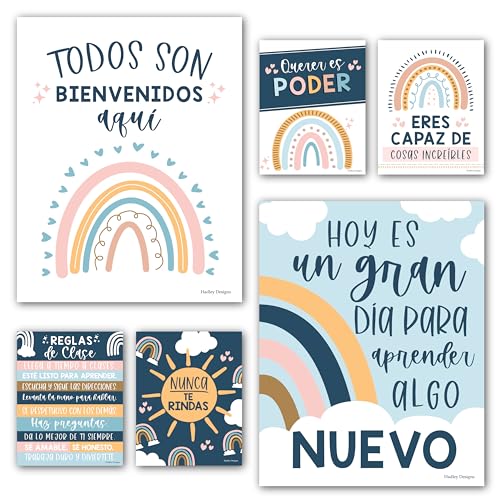 Hadley Designs 6 Spanish Classroom Decorations – Spanish Posters for Classroom, High School Decorations, Motivational Wall Art for Teachers and Students - Boho Motivational Decor