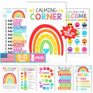 Hadley Designs 8 Calming Corner Posters for Classroom Must Haves -Calm Down Corner Supplies with Emotions Chart, School Counselor Mental Health Poster, Feelings Chart For Kids, Rainbow Classroom Decor
