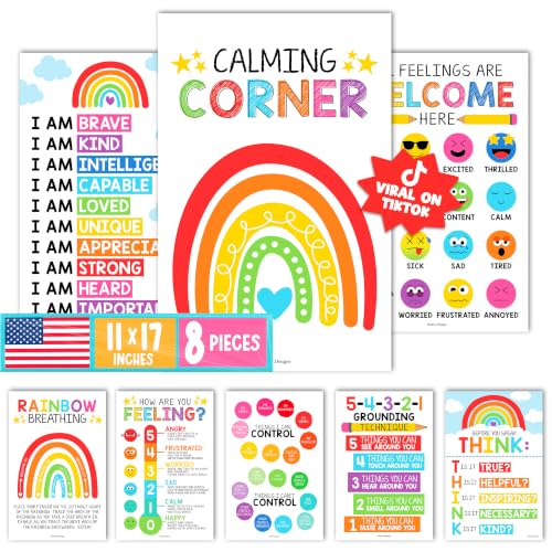 Hadley Designs 8 Calming Corner Posters for Classroom Must Haves -Calm Down Corner Supplies with Emotions Chart, School Counselor Mental Health Poster, Feelings Chart For Kids, Rainbow Classroom Decor