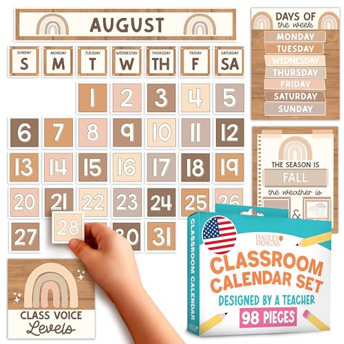 Hadley Designs Classroom Calendar Set Bulletin Board Decorations - Boho School Calendar for Classroom Decor, Kindergarten Preschool Elementary Teacher Must Haves, Homeschool & Daycare Essentials