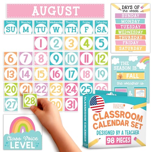 Hadley Designs Classroom Calendar Set Bulletin Board Decorations - Pastel School Calendar for Classroom Decor, Kindergarten Preschool Elementary Teacher Must Haves, Homeschool & Daycare Essentials