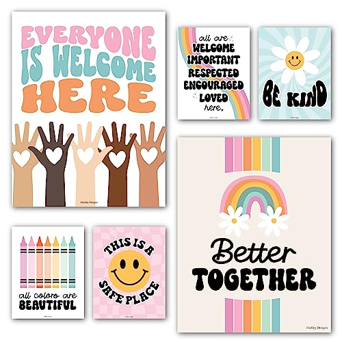 Hadley Designs Diversity Posters For Classroom Elementary –6 Inclusive Everyone Is Welcome Classroom Decor, Safe Space Sign Preschool Kindness Posters For Classrooms, Retro Multicultural Poster