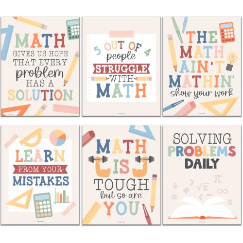 Hadley Designs Math Motivational Posters - 6 Math Posters for Middle School, Elementary School & High School Classroom Must Haves, Teacher Supply for Bulletin Board Set and Boho Classroom Decor