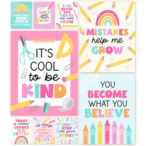 Hadley Designs Motivational Poster for Classroom Decor - 9 Growth Mindset Classroom Posters Elementary, Inspirational Wall Decor Middle School, Teacher Must Haves, Pastel Bulletin Board Decorations