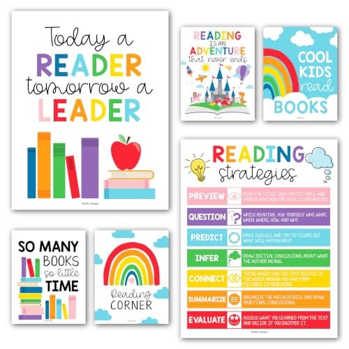 Hadley Designs Reading Posters for Classroom Elementary and Library Decor - 6 Reading Corner Decor for Classroom Decorations, Reading Strategies Library Posters, Rainbow Bulletin Board Decorations