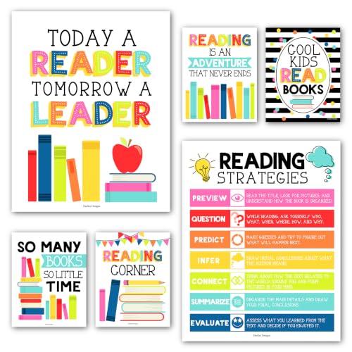 Hadley Designs Reading Posters for Classroom Elementary and Library Decor - 6 Reading Corner Decor for Classroom Decorations, Reading Strategies Library Posters, Rainbow Bulletin Board Decorations