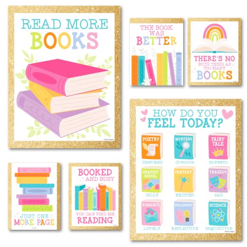 Hadley Designs Reading Posters for Classroom Elementary and Library Decor - 6 Reading Corner Decor for Classroom Decorations, Reading Strategies Library Posters, Gold Bulletin Board Decorations