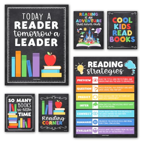 Hadley Designs Reading Posters for Classroom Elementary and Library Decor - 6 Reading Corner Decor for Classroom Decorations, Reading Strategies Library Posters, Chalkboard Bulletin Board Decorations