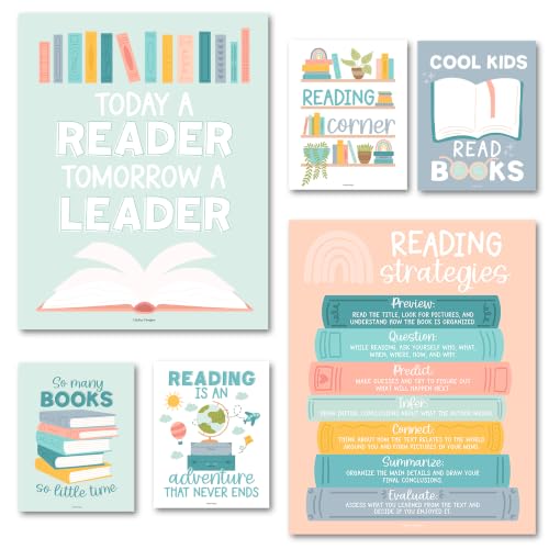 Hadley Designs Reading Posters for Classroom Elementary and Library Decor - 6 Reading Corner Decor for Classroom Decorations, Reading Strategies Library Posters, Boho Bulletin Board Decorations