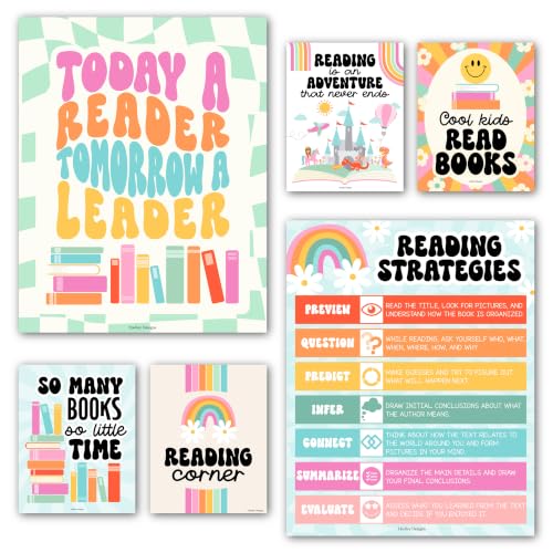 Hadley Designs Reading Posters for Classroom Elementary and Library Decor - 6 Reading Corner Decor for Classroom Decorations, Reading Strategies Library Posters, Retro Bulletin Board Decorations