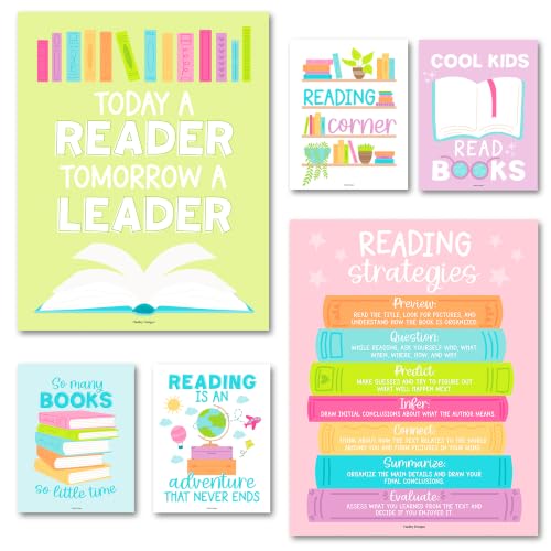 Hadley Designs Reading Posters for Classroom Elementary and Library Decor - 6 Reading Corner Decor for Classroom Decorations, Reading Strategies Library Posters, Pastel Bulletin Board Decorations