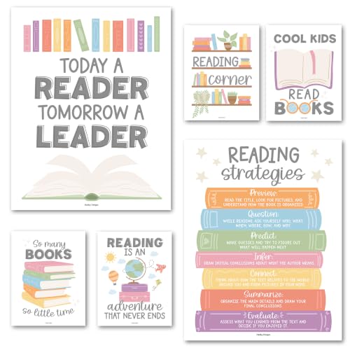 Hadley Designs Reading Posters for Classroom Elementary and Library Decor - 6 Reading Corner Decor for Classroom Decorations, Reading Strategies Library Posters, Boho Bulletin Board Decorations