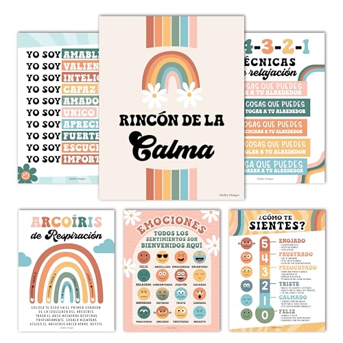 Hadley Designs Spanish Classroom Decorations - 6 Spanish Classroom Posters Elementary, Calm Down Corner Posters Español, Emociones Poster, Retro Afirmaciones Positivas Español Poster