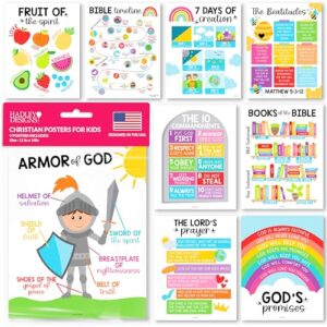 Hadley Designs Sunday School Decorations for Classroom –9 Bible Posters for Kids, Books of the Bible, 10 Commandments, Bible Timeline Chart, Fruits of the Spirit, Rainbow Christian Classroom Decor