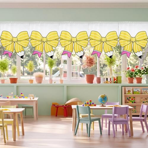 Hahafelt 6 Pcs Classroom Curtains Pencil Bow Classroom Decor Back to School Bow Curtains for Kindergarten Daycare Primary Bedroom Playroom Window Cover Decor 24 x 28 Inch