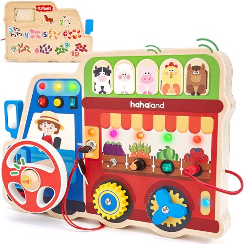 hahaland Montessori Busy Board for Toddlers 3-5, 18-in-1 Wooden Sensory Activity Board with LED Lights & Switches, Educational Montessori Toy for Fine Motor Skills, Kids Gift