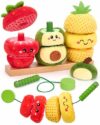 hahaland Stacking Rings Baby Toy - Soft Sorting & Stacking Fruits with Wooden Stacker, Threading Toy 12 Months+ Developmental Color Matching Montessori Toys 1 Year Old Boy 1st Birthday Girl Gifts
