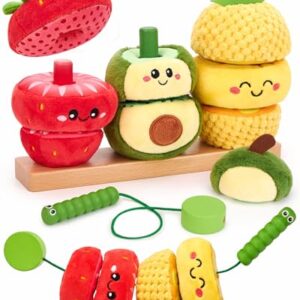 hahaland Stacking Rings Baby Toy - Soft Sorting & Stacking Fruits with Wooden Stacker, Threading Toy 12 Months+ Developmental Color Matching Montessori Toys 1 Year Old Boy 1st Birthday Girl Gifts