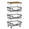 Hailnterior 4 Tier Rolling Cart, Fruit Basket Metal for Kitchen Storage Basket, Stackable Metal Wire Basket Stand Cart with Wooden Top Table for Pantry Bathroom or Fruit Vegetable Snacks Organization