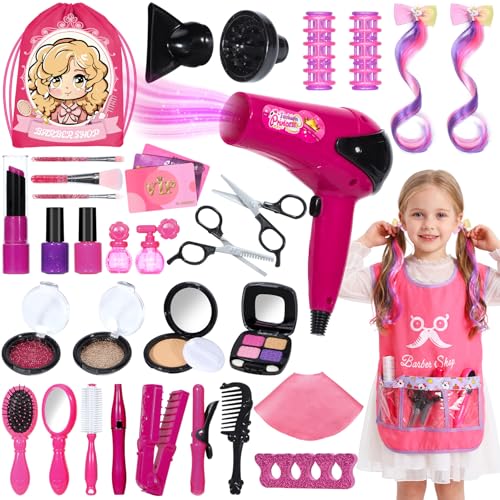 Hair Salon Toys for Girls, 36PCS Kids Pretend Play Makeup Sets, Dress Up Beauty Hair Stylist Toy Kit with Barber Apron, Hair Dryer, Curling Iron, Mirror, Scissors and Styling Accessories
