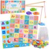 Haktoys Wooden Alphabet Fishing Game, ABC Letters Numbers Shapes Colors