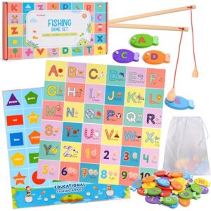 Haktoys Wooden Alphabet Fishing Game, ABC Letters Numbers Shapes Colors