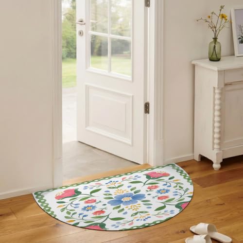 Half Circle Bath Mat Pink Peony Semicircular Doormat Non Slip Absorbent Quick Dry Diatomite Stone Area Rugs Blue Wildflowers Green Leaves Vines Drying Shower Mat for Bathroom Floor Bathtub 16"x24"
