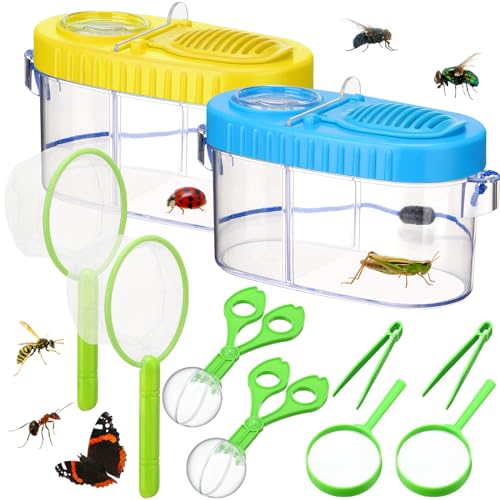 Halloscume 2 Sets Bug Catcher Kit Outdoor Toy Gift for Kids Outdoor Explorer Kit Kids Bug Catching Kit Insect Bug Habitat with Magnifying Glass, Tweezers, Bug Catcher and Net for Science Exploration