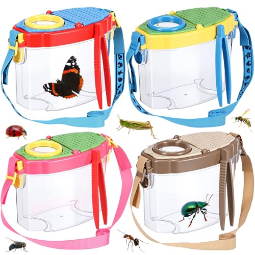 Halloscume 4 Pack Insect Bug Viewer Kit for Kids with Tweezers Explorer Outdoor Set Bug Catcher Containers for Insects Magnifying Insect Box Observation Science Nature Exploration Collecting (Deep)