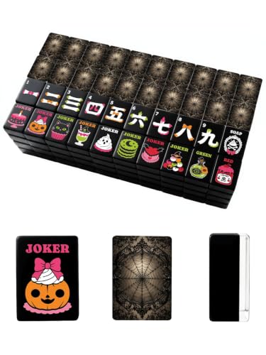 Halloween American Mahjong Tile Set Halloween Intricate Gothic Spiderweb Ornamental Details Sepia Tone 160 Acrylic Mahjong Tiles 1.4" Game Set with Bag & Accessories for Gift Travel Party (Candy)
