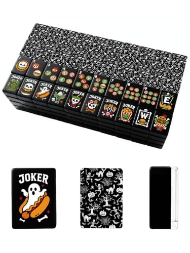 Halloween American Mahjong Tile Set Halloween Seamless Skeletons Pumpkins Bats Black Cats Webs Haunted 160 Acrylic Mahjong Tiles 1.4" Game Set with Bag & Accessories for Gift Travel Party (Skull)