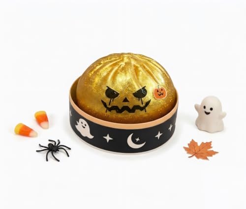 Halloween Bun Stress Relief Squishy Bao for Adults - Angry Jack-o'-Lantern with Realistic Orange Peel Skin on Spooky Steamer Base,Anxiety Relief Fidget, Desk Accent & Collectible (Yellow)
