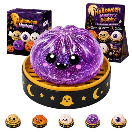 Halloween Dumpling Squeeze Squishy Toy, Cute Slow Stress Ball Squeeze Stress Relief Fidget Sensory for Anxiety Relief, Fun Party Favors Gifts Ghost Pumpkin Eyeball Skull Monster