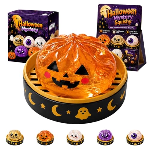 Halloween Dumpling Squeeze Squishy Toy, Cute Slow Stress Ball Squeeze Stress Relief Fidget Sensory for Anxiety Relief, Fun Party Favors Gifts Ghost Pumpkin Eyeball Skull Monster