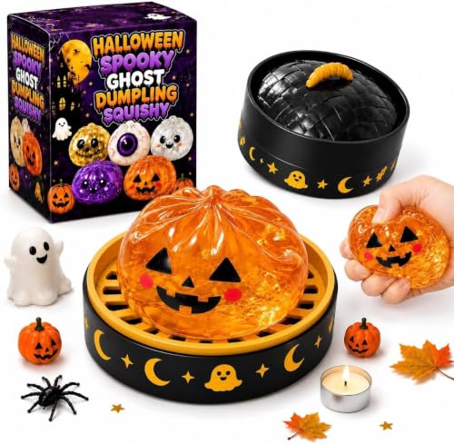 Halloween Dumpling Squishy, Cute Slow Rising Squeeze Stress Ball with Steamer Box, Soft TPR Fidget Sensory Dumpling for Ghost Pumpkin Party Favors, Desk Decor, Classroom Gift for Kids Adults
