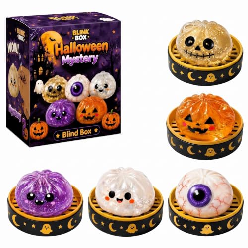 Halloween Dumpling Squishy Toy Set, Cute Slow Rising Sensory Squishies for Stress Relief, Soft Ghost Pumpkin Monster Figure Fidget Toys for Party Favors, Trick or Treat Gifts & Desk Decor (Set of 5)