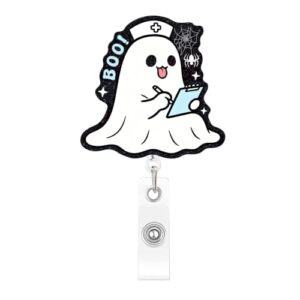 Halloween Funny Badge Reel, Ghost Nurse Badge Clip, Cute Work Badge Holder with Alligator Clip & 24”Durable Nylon Retractable Cord for Nurses Medical Assistant Accessories Pharmacy