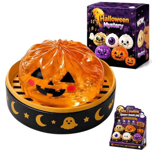Halloween Ghost Dumpling Squishy with Steamer Case, Slow Rising Stress Relief Fidget Sensory Squeeze, Cute Pumpkin Eyeball Skull Monster Collectible, Halloween Party Favor Birthday Gift