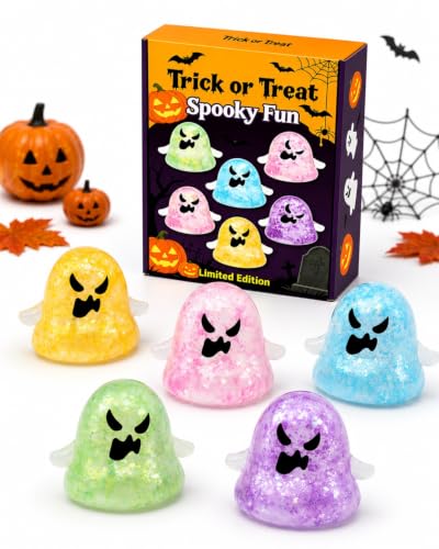Halloween Ghost Squishy Toys 5 Pcs Pack Spooky Fun Fidget Stress Relief Set Soft Rebound Material Squeeze Sensory Item Party Favors Desk Decor Cute Holiday Novelty Gifts for Boys Girls Adults