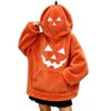 Halloween Hoodie for Women Scary Graphic Long Sleeve Tops Funny Pumpkin Face Hooded Sweatshirts Holiday Costume（Earthy Yellow-1,Large）