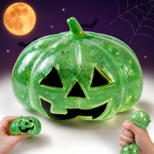 Halloween Pumpkin Stress Ball for Adults, Cute Slow Rising Squeeze Stress Relief Sensory Toy, Soft Kawaii Halloween Fidget Toy, Cute Halloween Party Favors, Trick or Treat Gifts (Green)
