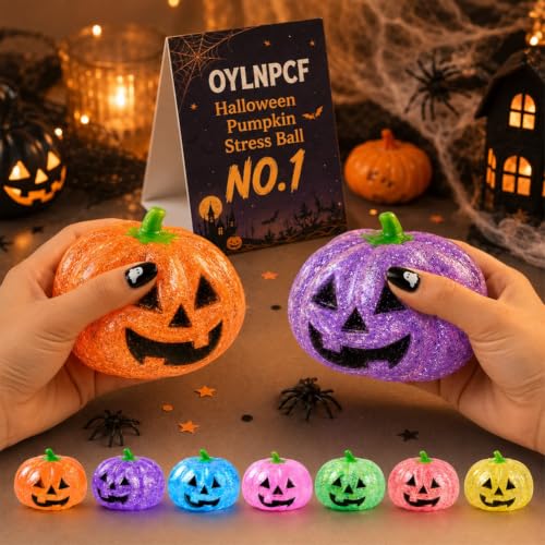 Halloween Pumpkin Stress Ball for Adults, Glitter Squishy Fidget Squeezer, Slow Rising Sensory Desk Accessory, Spooky Fall Decor, Party Favor, Novelty Gift, Handheld Squeeze Activity