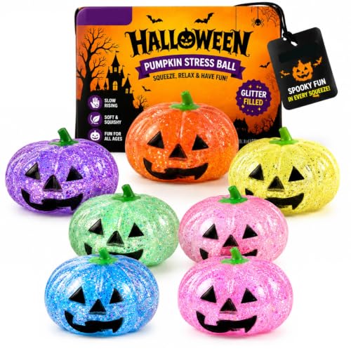 Halloween Pumpkin Stress Ball for Adults, Purple Glitter Slow Rise Squishy, Cute Squeeze Fidget Sensory, Relief Smusher Dumpling Style, Spooky Ghost Face Decor Party Favors Gifts