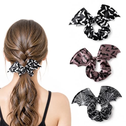 Halloween Scrunchies 3PCS Halloween Hair Ties for Women Bat hair Accessories Goth Accessories Elastic Ribbon Bow halloween hair Tie Cute halloween Hair Scrunchies Party Supplies