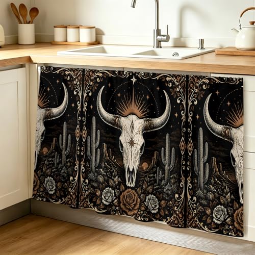 Halloween Skull Cabinet Curtains 28"W x 51"L, Southwestern Mystical Cacti Stars Florals Sink Skirt for Bathroom Kitchen Self Adhesive, Desk Privacy Short Curtain for Sink Under Counter Classroom