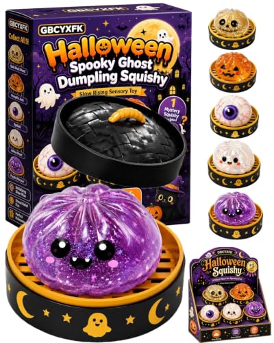 Halloween Spooky Ghost Dumpling Squishy Fidget Toy for Kids & Adults Soft Stretchy Ghost Pumpkin Eyeball Skull Monster Squeeze Toy with Display Basket Cute Slow Rising Halloween Party Favor