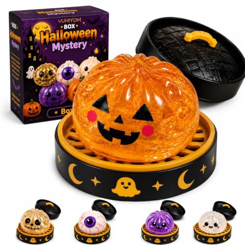 Halloween Spooky Glitter Dumpling Squishy, Sensory Stress Relief with Steamer, Slow Rising Ghost & Pumpkin, Eyeball & Skull Designs, Desk Anxiety Squeeze, Party Decor & Office Props