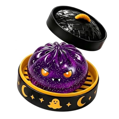Halloween Squishy Toys Pumpkin Dumpling in Steamer Basket - Super Soft Slow Rising Stress Relief Fidget Toy for Adults, Cute Spooky Desk Toys, Festive Party Favors Goodie Bag Fillers,Lil' Vamp