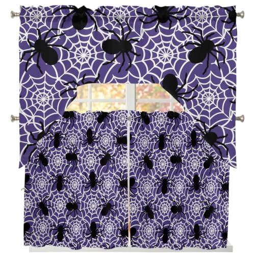 Halloween Swag Kitchen Curtains and Valances Set Black Web-spinner Swag Curtain Valances and Tier Set Cobwebs Purple Curtain Drapes for Kitchen Living Room Bedroom Window Treatment 56"x36"+27.5"x24"